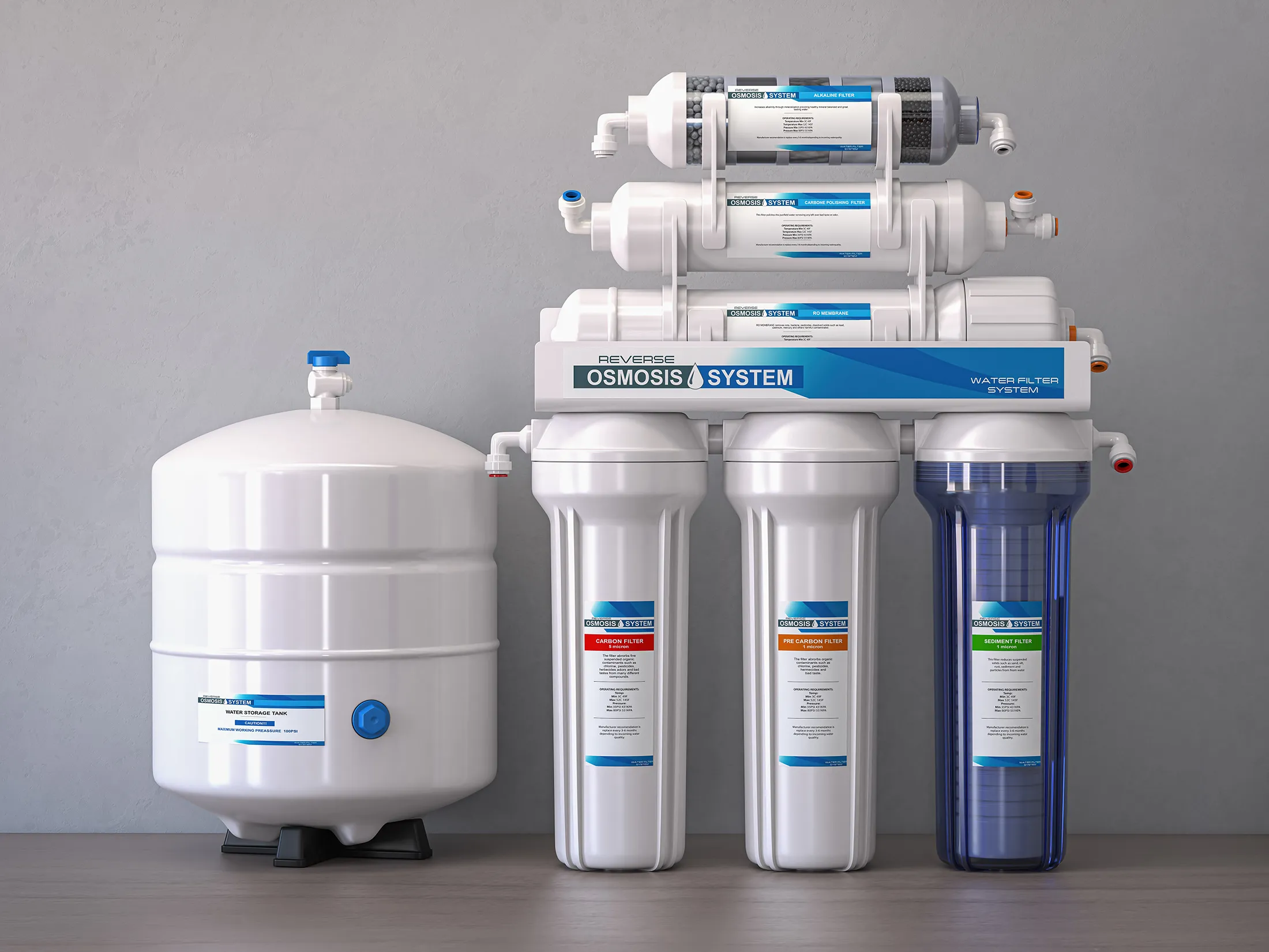 reverse-osmosis-water-purification-system-isolater-2025-03-06-22-14-20-utc Reverse osmosis water purification system with multiple filter cartridges and a storage tank used for clean drinking water production.